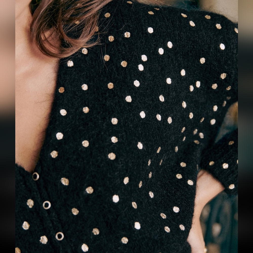 Sezane Lizy Wool/ Kid Mohair Long Sleeve Black Cardigan w/ Gold Polka Dots - Picture 6 of 7